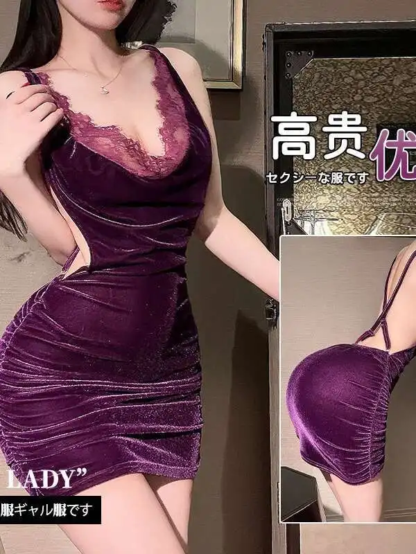 فستان ضيق مثير من الدانتيل زي أنيق رغبة نقية فستان نوم أرجواني بدون أكمام فستان قصير برقبة على شكل V دانتيل مثير للنساء الكوريات 967F