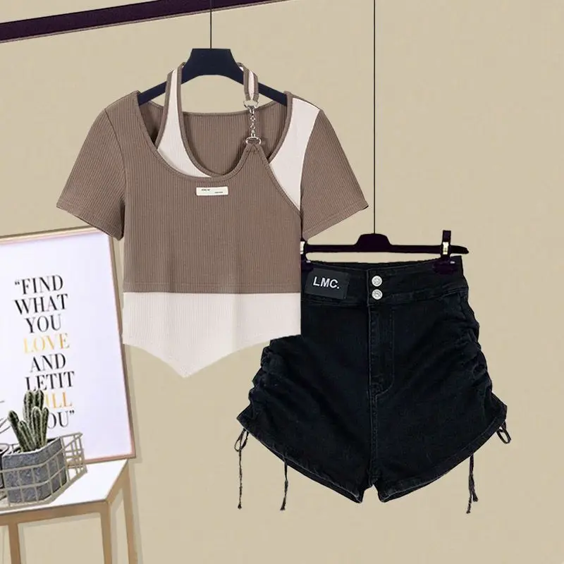 Spring and Summer Suit Women's 2026 New Korean Fashion Fake Two-piece Top+reduced Age Casual Shorts Two-piece Suit