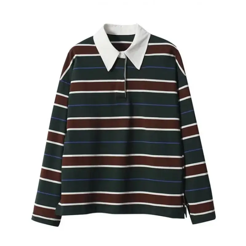 Maxdutti Southern French Women's T-shirts And Polos Woman Clothes Tops Minimalist Striped Polo Long Sleeved Shirt Top Autumn