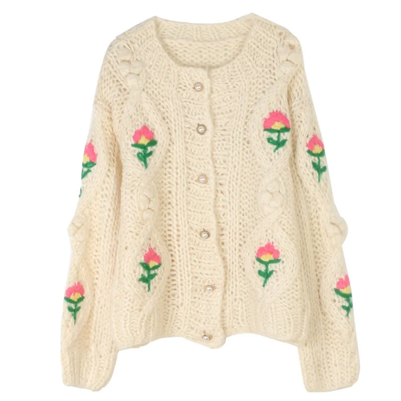 

Высокое качество, новый свитер, кардиганы, осень-зима 202, трикотаж, женские милые кардиганы с длинными рукавами и цветочной вышивкой, топы