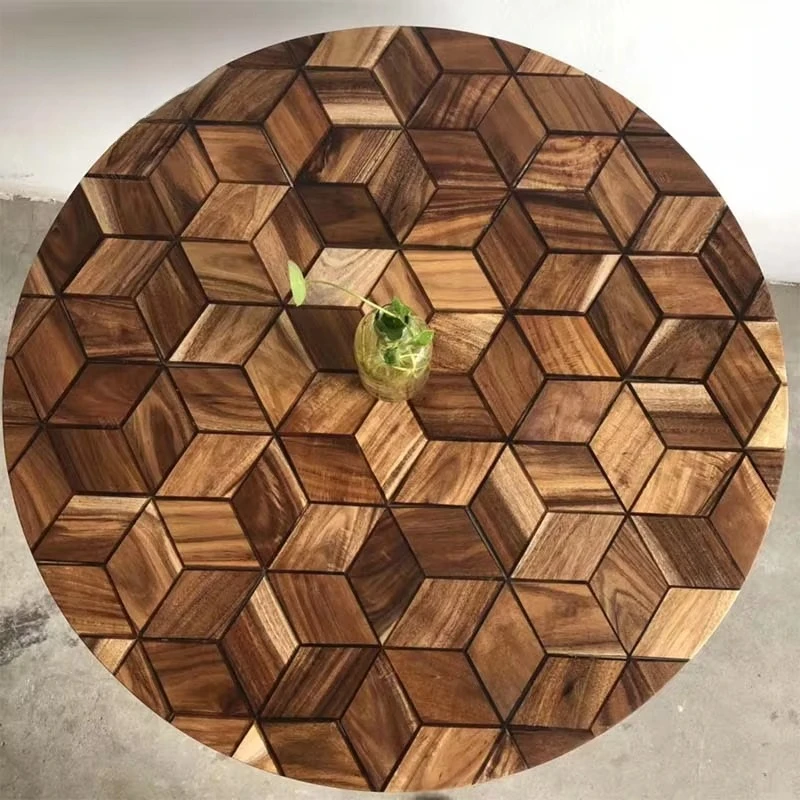 Handcrafted Wood Block Top with Unique Parquet Pattern Design Asian Walnut Wood Parquet Coffee Table
