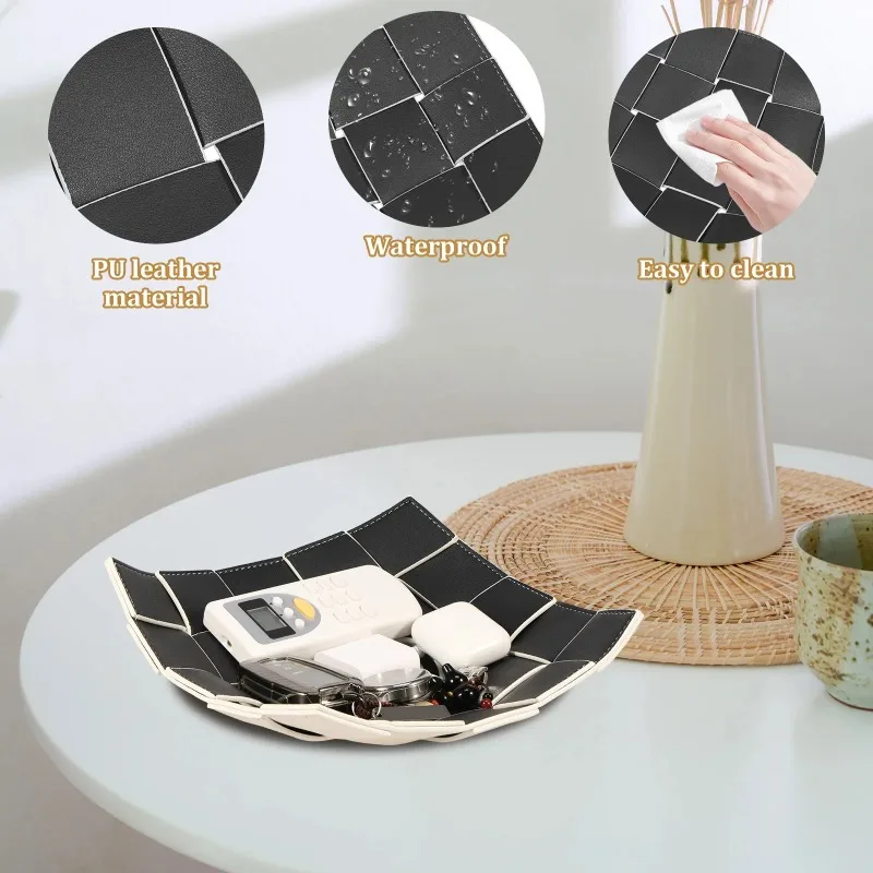 Organizador de valet de 2 uds., bandeja organizadora de mesita de noche de tejido cuadrado, bandeja para llaves impermeable, bandeja para valet, cuenco para llaves de cuero PU Reversible