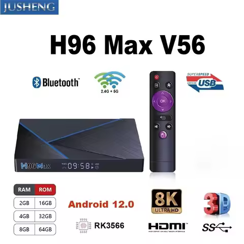 H96 Max V56 Android 12.0 Smart TV BOX 8K RK3566 Cortex-A55 Dual Wifi 2.4G/5.8GHz 8GB 32GB 64GB Set Top Support Google Player