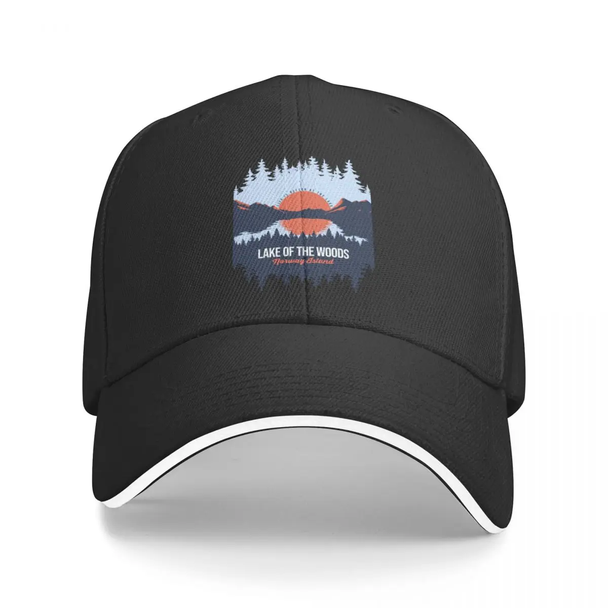 

Lake Of The Woods Norway Island Lake With Mountain And Pine Tree Baseball Cap Dropshipping Military Cap Man Woman Men's