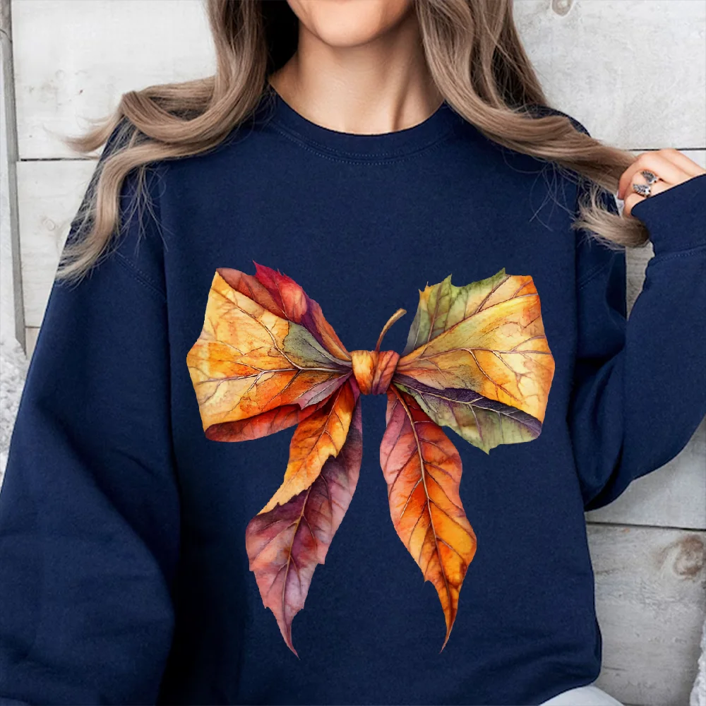 

Sweatshirt Autumn Leaf Graphic Bow Colorful Foliage Y2k Print Oversize Casual Wear Trendy Fall Design Artistic Style Sweatshirt