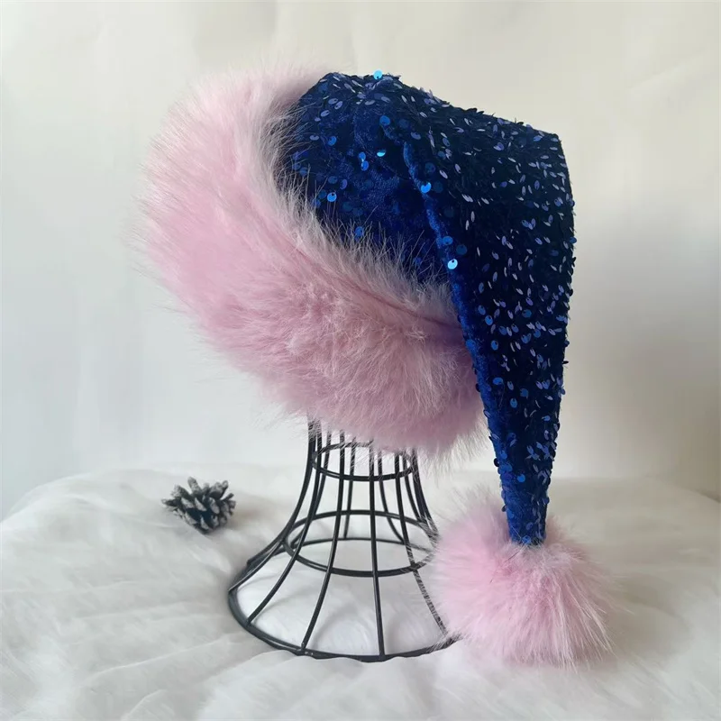 Neue Weihnachtsmütze für Erwachsene und Kinder, marineblaue, vollglitzernde, doppellagige dekorative Mütze, schlanke, rosafarbene Plüschrandatmosphäre