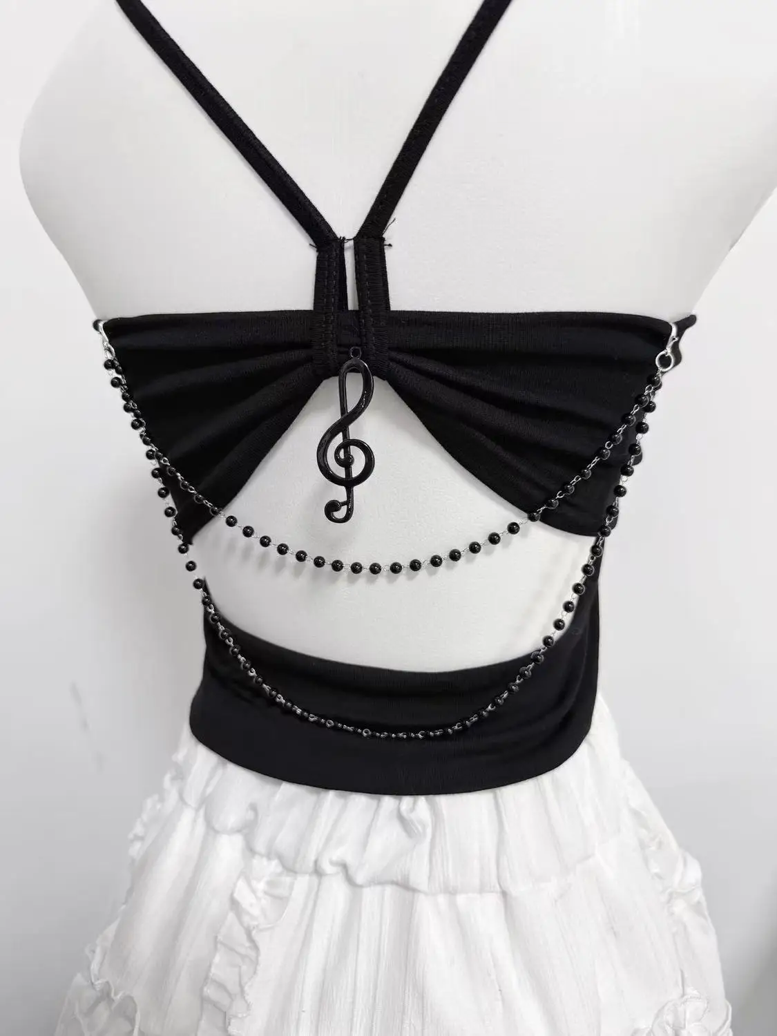 Y2K Gothic Cami Top Lace Bow Trim Open Back Bead Chain Detail Music Note Print Slim Fit Subculture Streetwear Black Tank Top