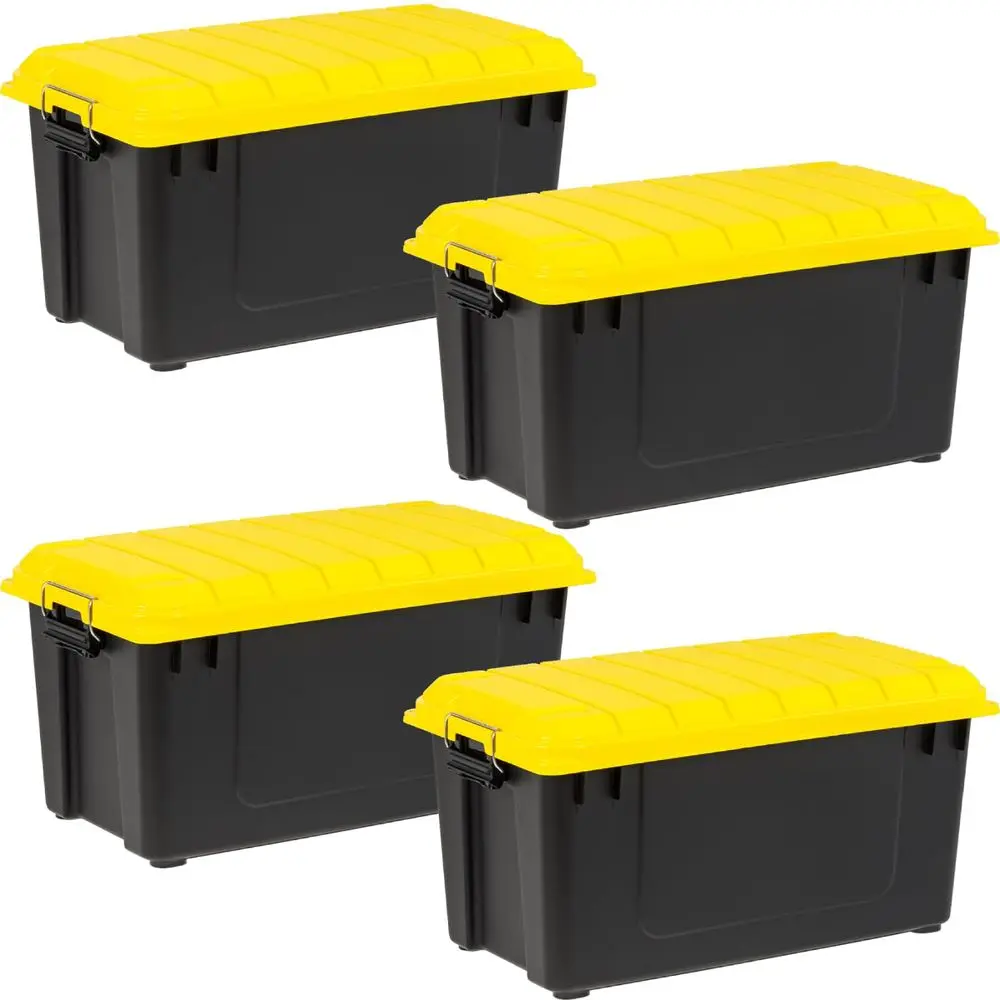 WeatherPro 21 Gallon Lockable Storage Bins with Lids, 4 Pack Made in USA, Heavy Duty, Stackable Containers, Garage Organizing T