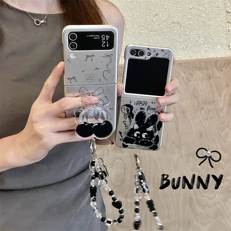 

Cute Cherry Rabbit Stand Phone Case for Samsung Galaxy Z Flip 6 5 4 3 Protective Back Cover for ZFlip4 ZFlip5 ZFlip6 Case Shell