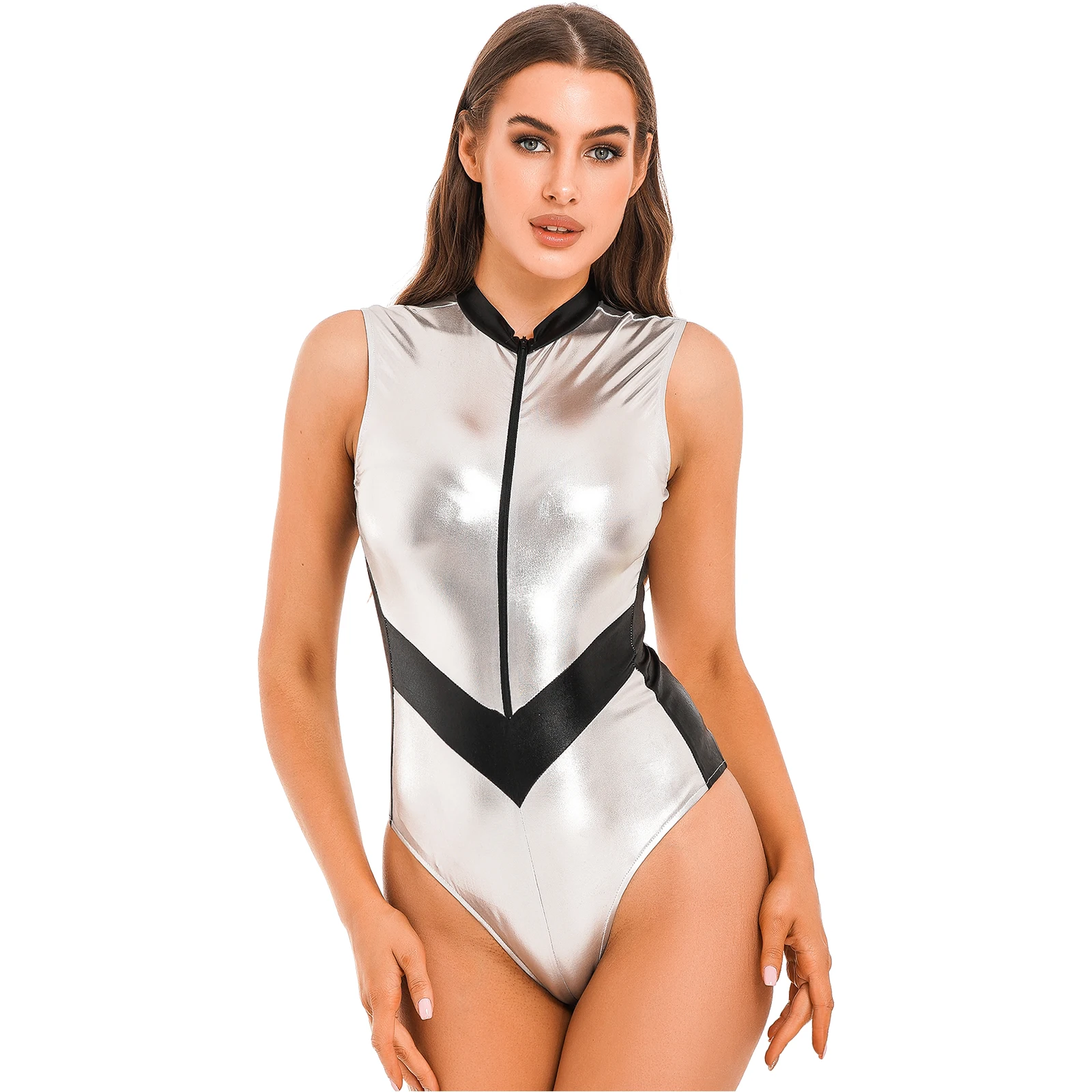 Women's Sexy Astronaut Role Play Costume Sleeveless Metallic Bodysuit Body Tops Catsuit for Pole Dance Party Festival Clubwear