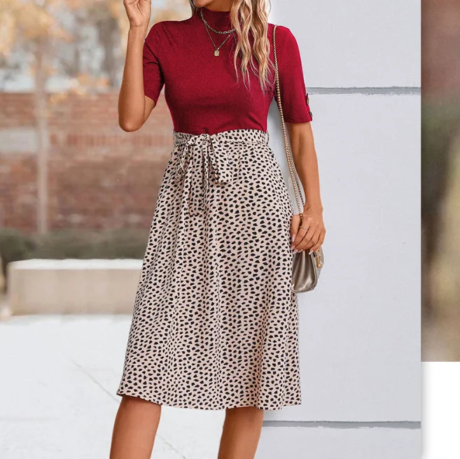 

Summer Dress Woman 2025 Vacation Dress Woman Fresh Sweet Semi High Neck Sexy Y2K Leopard Print Color Blocked Dress A-Line Dress