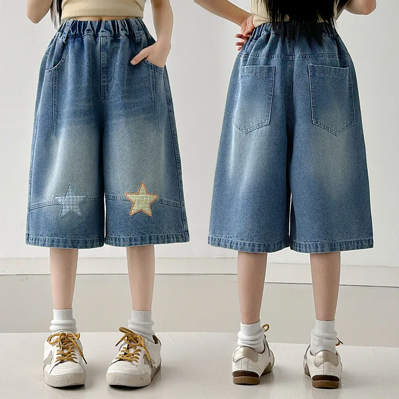 Kids Child Summer Retro Blue Denim Shorts with Stars for Tweens Girl Hip Hop Pocket High Waist Slim Knee Length Capris Jeans