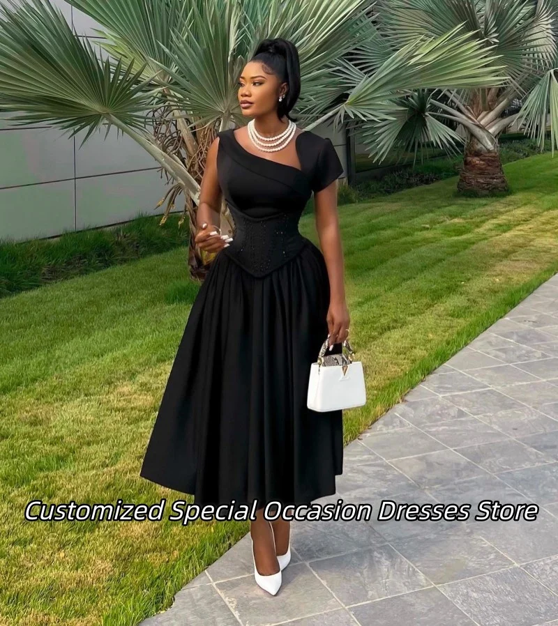 Zwart Satijn A-lijn Avondjurken Delicate Kralen Lange Prom Dress Aangepaste Bruiloft Jurken Voor Vrouwen Vestido De Festa