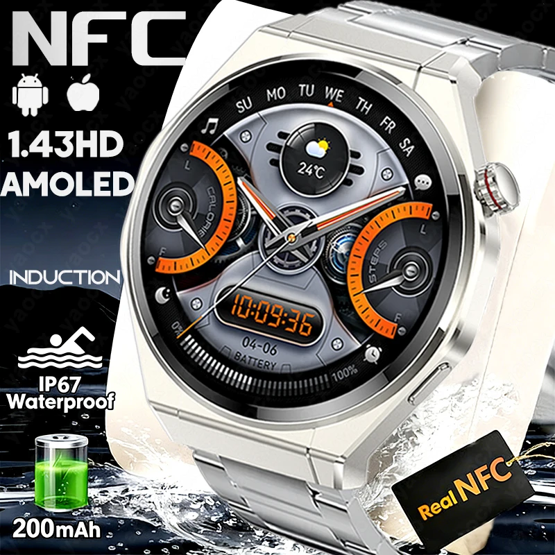 

Новые смарт-часы 2026 с NFC, пульсометром, музыкальным плеером, HD-дисплеем 1,43 дюйма, голосовым помощником, звонками по Bluetooth, для спорта и плавания, водонепроницаемые IP67, браслет