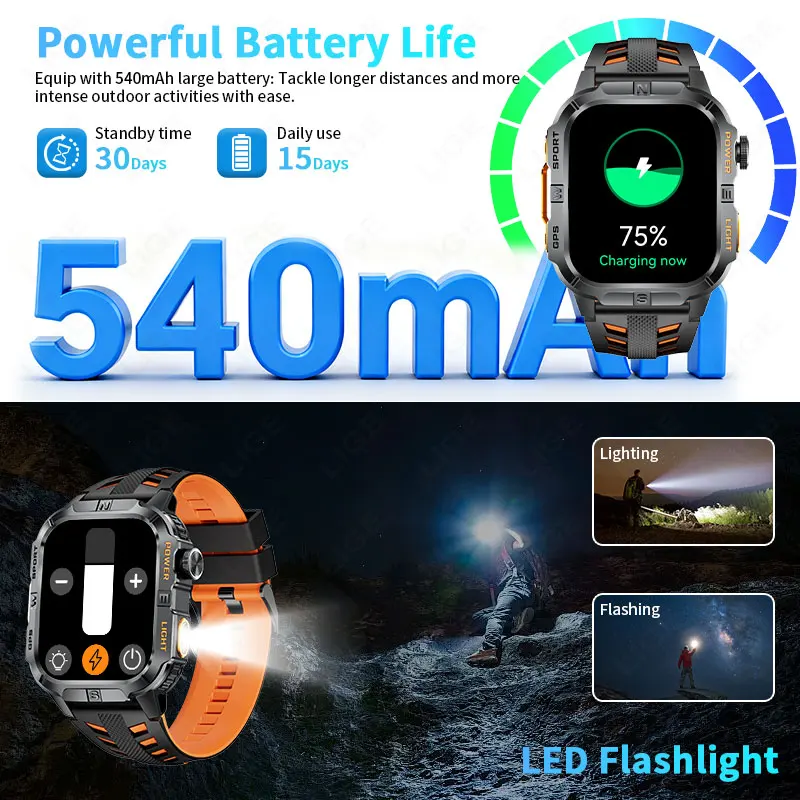 LIGE New 2.01"HD Screen Outdoor Sports Smart Watch 2025 GPS Flashlight Bluetooth Call IP68 Waterproof Compass Smartwatch for Men