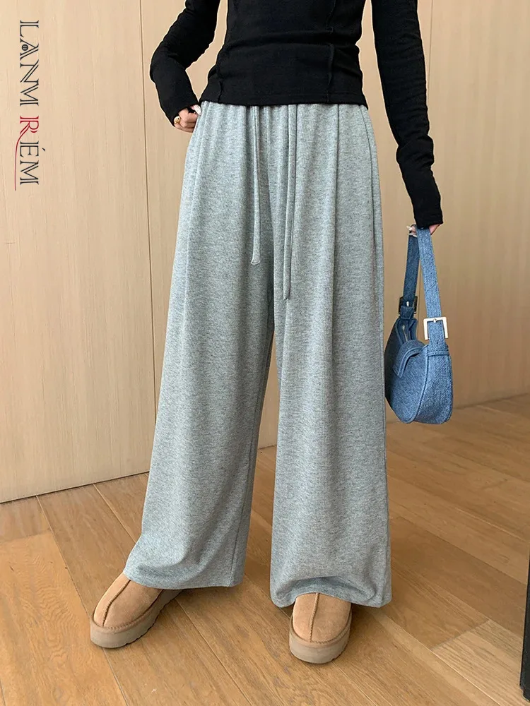 [LANMREM] Drawstring Design Wide Leg Pants For Women Elastic High Waist Casual Loose Trousers Fashion 2024 Autumn New 26C157