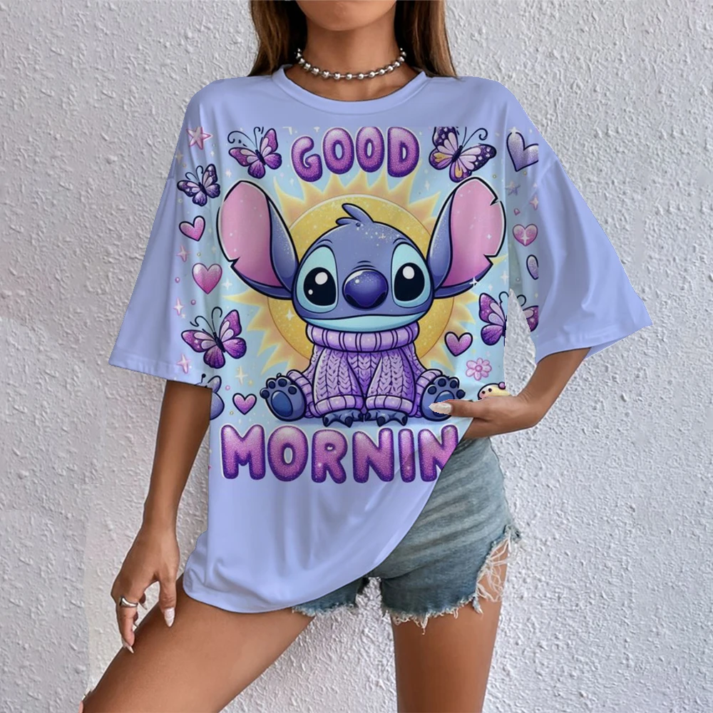 

Disney Cartoon Cute Lilo Stitch Women T-shirt Kawaii Graphic Short Sleeve T Shirt 2025 Summer Streetwear Print Y2k Clothing