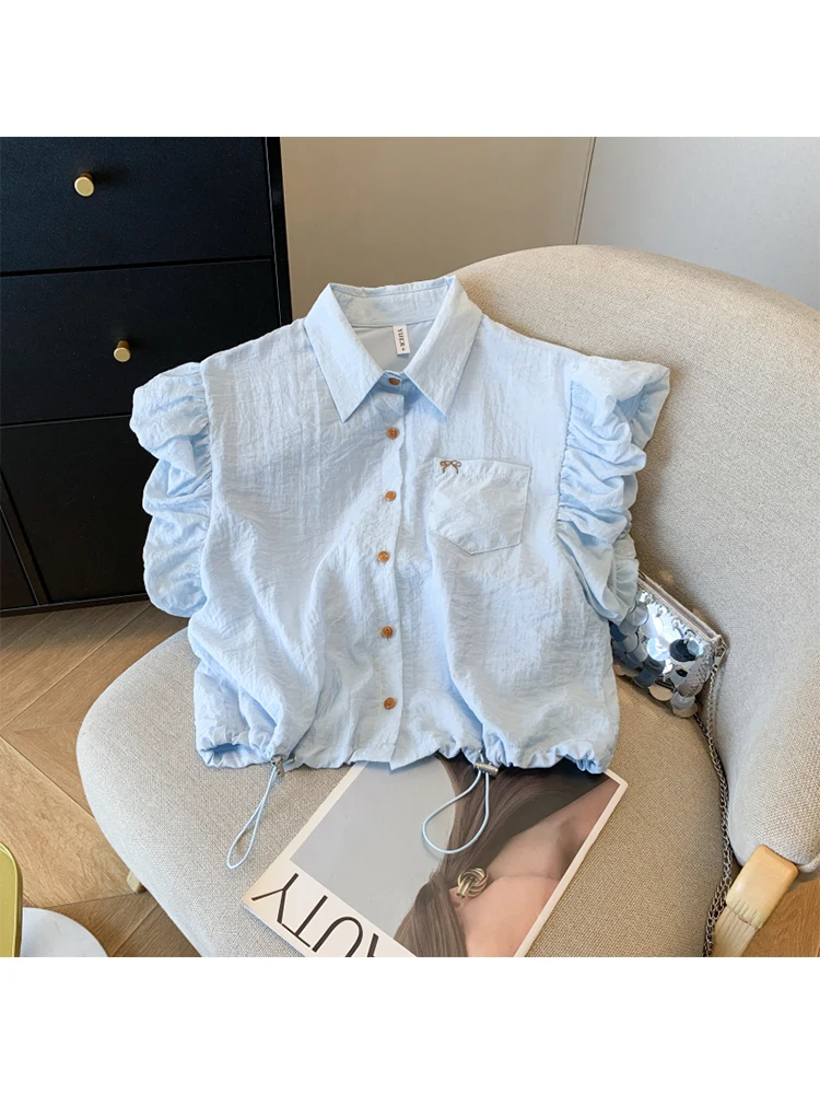 Summer Women Korean Fashion Cute Core Sleeveless Shirts Design 2000s Aesthetic Blouses Mori Girl Kawaii Crop Top Preppy Tide New