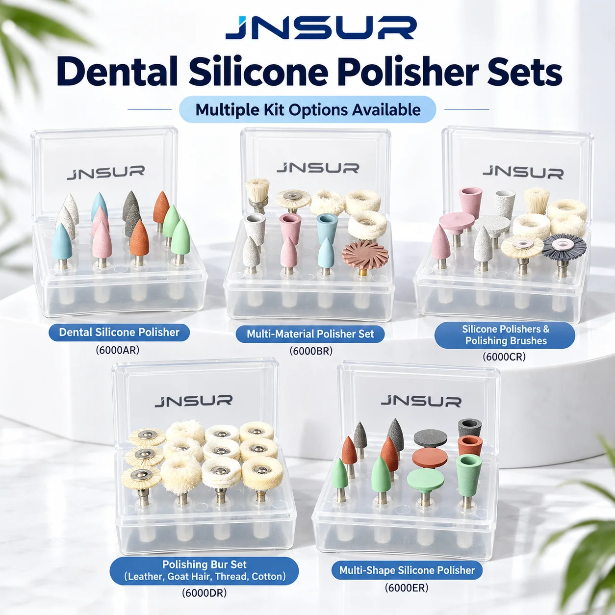 JNSUR Dental Silicone Polisher Set Dental Polishing Burs Polishing Brushes Cotton Felt Goat Hair Leather Polishing Kit for Denta