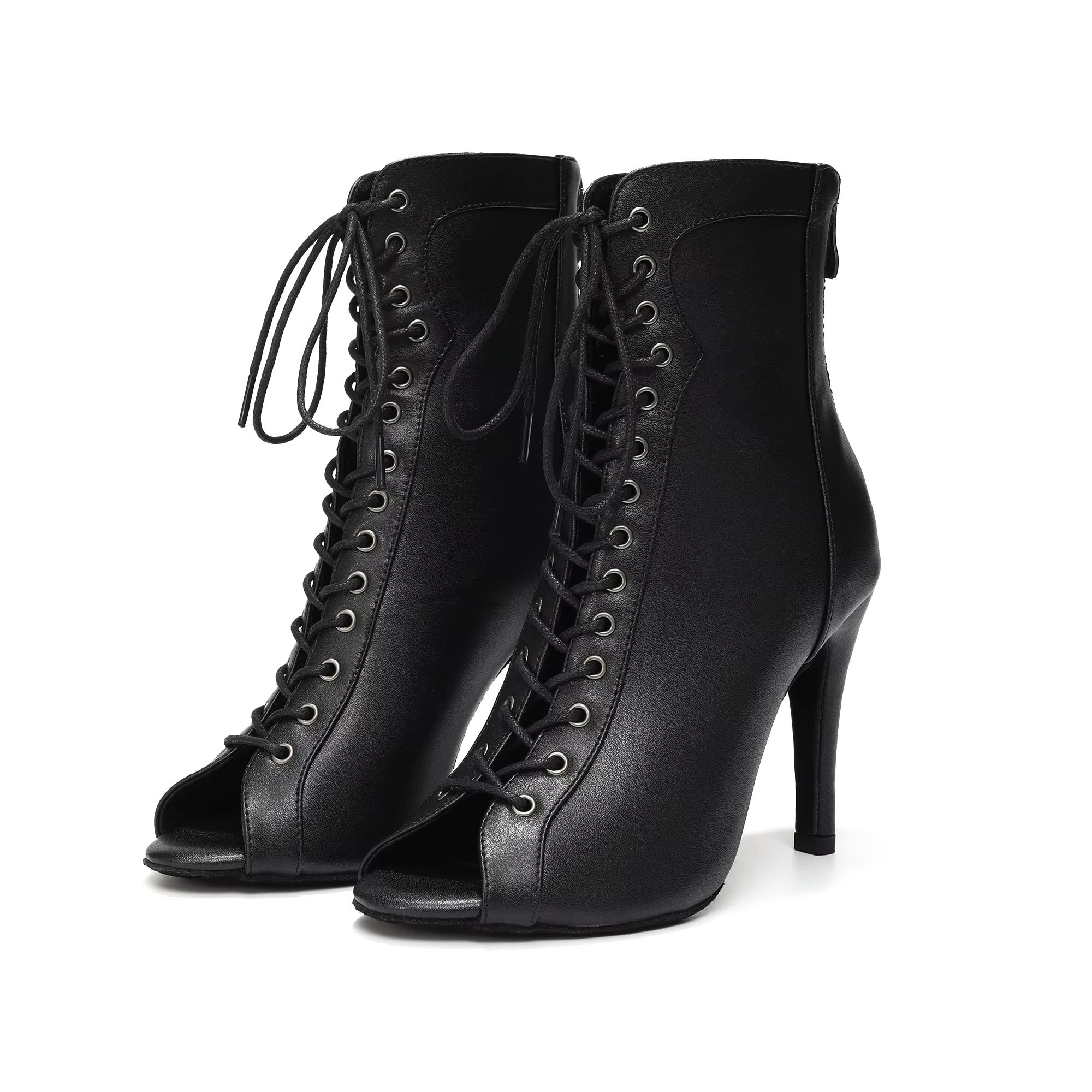YSWEYOMIC Woman Latin Dance Booties Open Toe Lace Up Stiletto Bootie for Women Suede Sole High Heels Beige Black Dance Booties