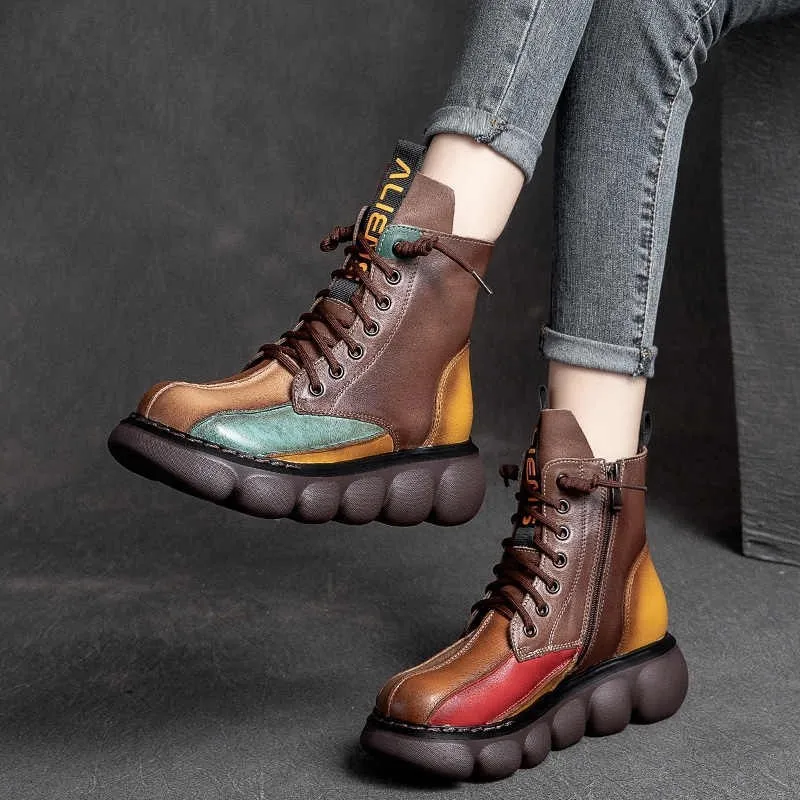 

Novelty Women Boots Ethnic Handmade Shoes for Women 2025 New PU Leather Ankle Boots Platform Booties Designer Mixed Color Shoes