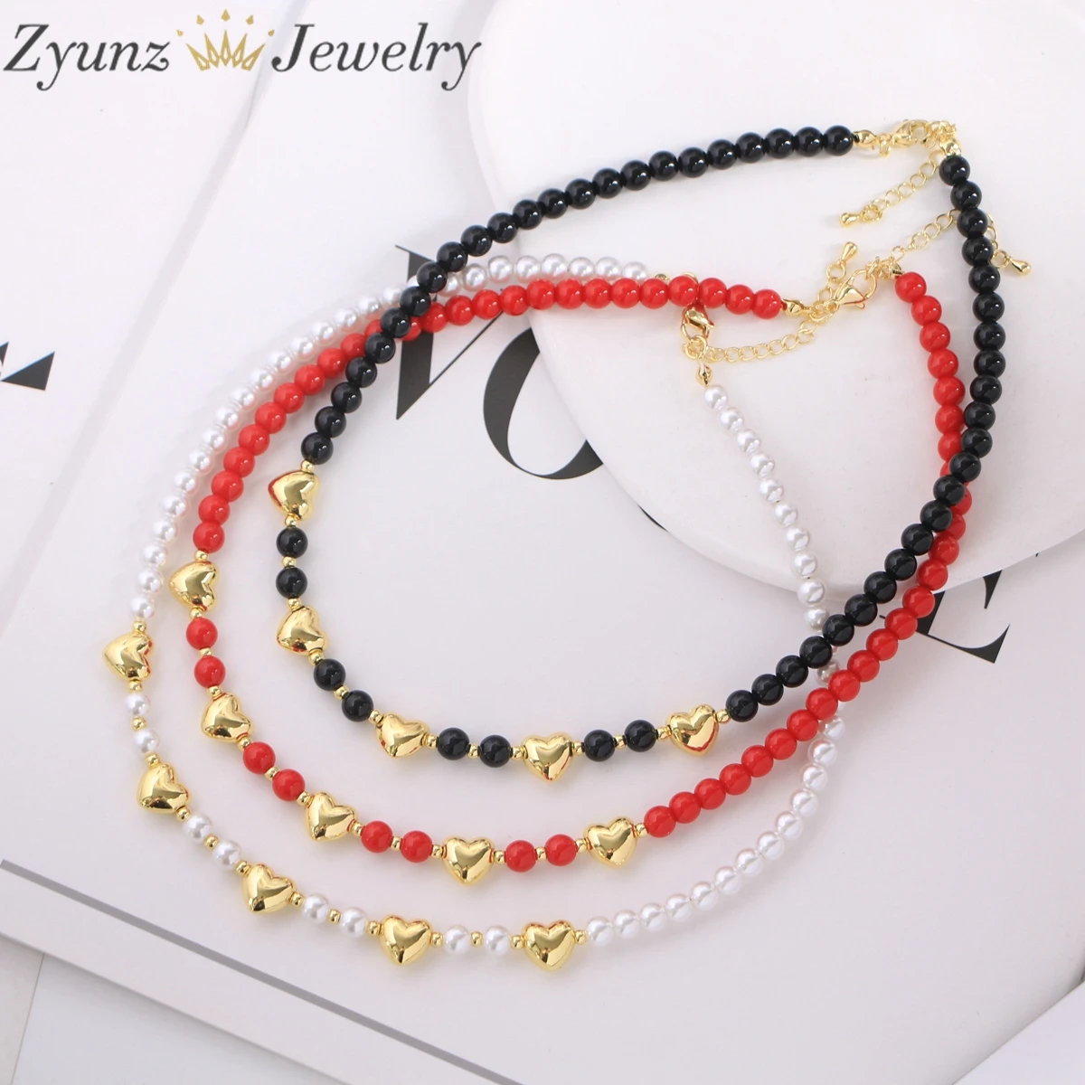 5pcs, White Red Black Beads Necklaces for Women Gold Plated Heart Chokers Simple Jewelry