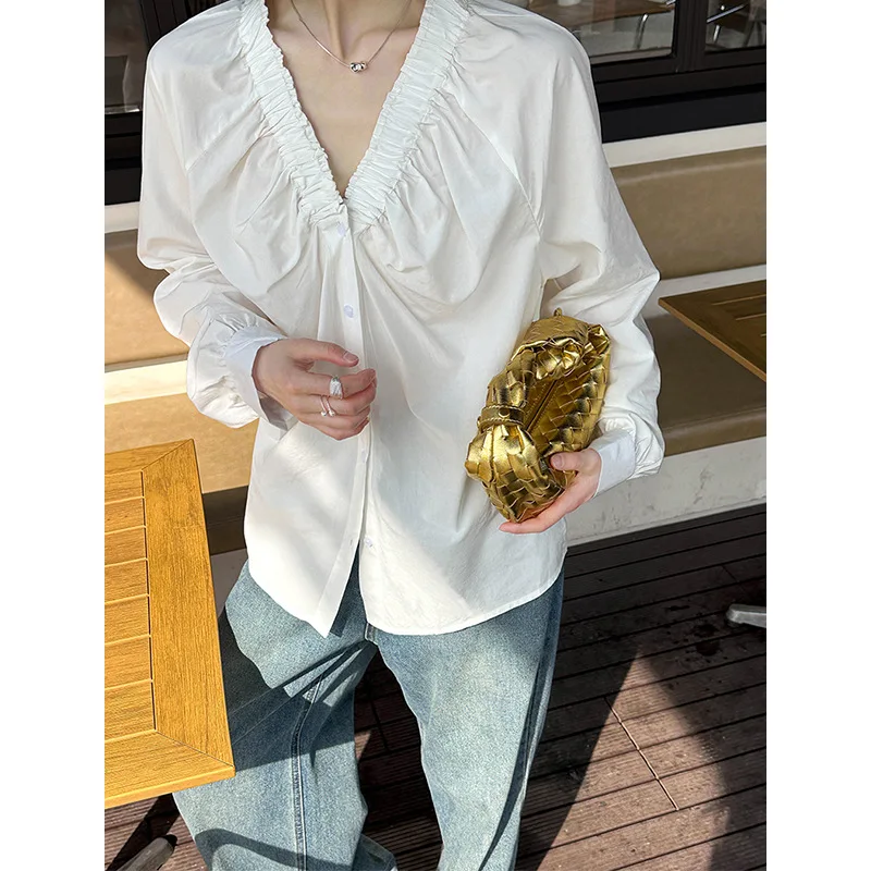 

Spring and Autumn French Women's Top, 50% Tencel+50% Cotton, White V-neck Loose Long Sleeve Shirt for Women