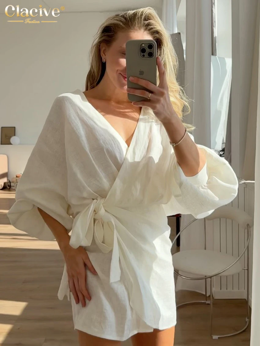 

Clacive Fashion Loose White Cotton Women's Dress 2026 Sexy V-Neck Long Sleeve Mini Dresses Elegant Classic Lace-Up Female Dress