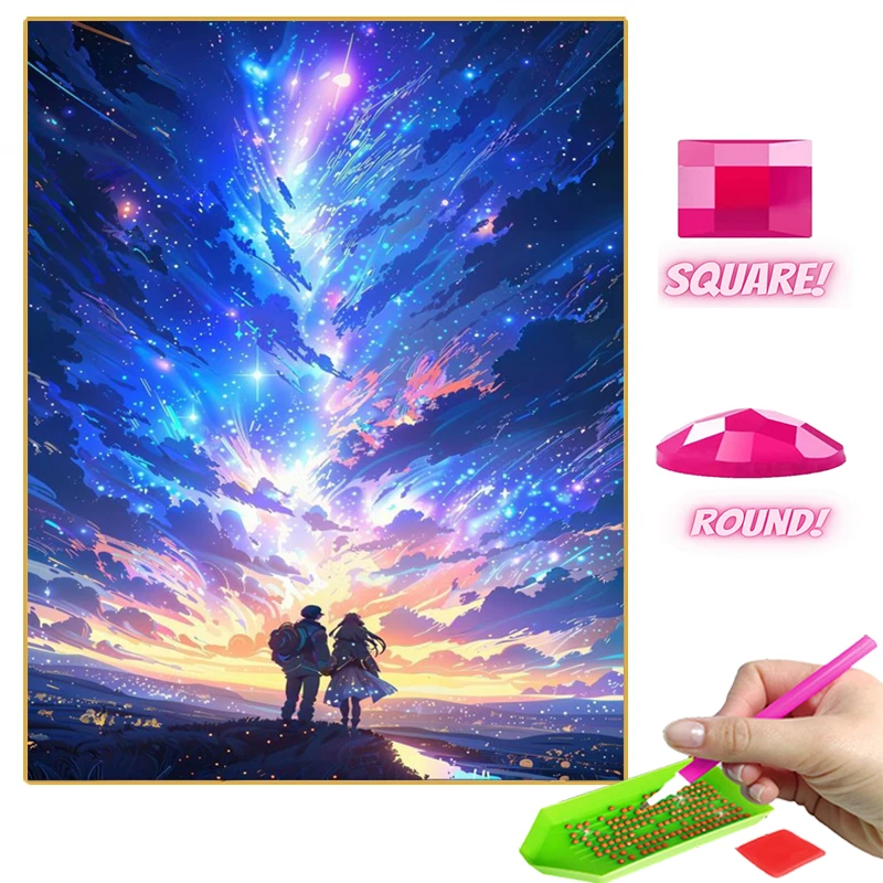 Cartoon Diamond Painting Couple Under The Fantasy Sky Full Diamond Mosaic Art Handmade Cross Stitch Kit Home Wall Decor Diy Gift