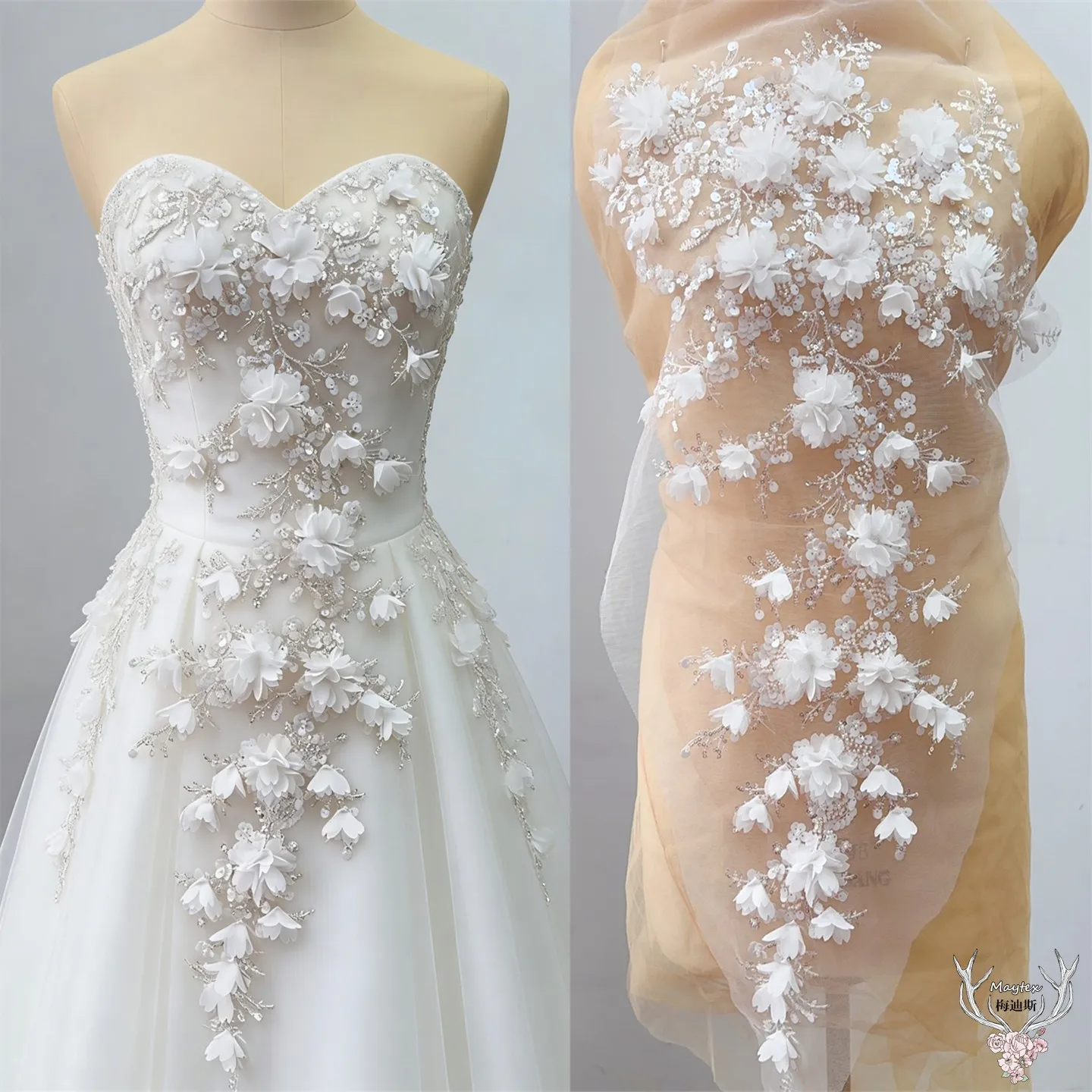 1 Piece 39x73cm White Handmade three-dimensional flower lace Applique wedding dress accessories embroidery cloth stickers