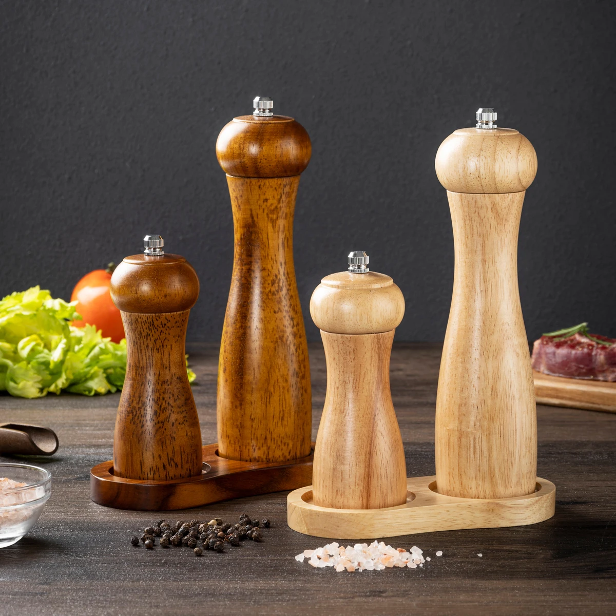 1PC-Solid wood pepper grinder household kitchen manual oak pepper mill seasoning jar seasoning bottle grinder set