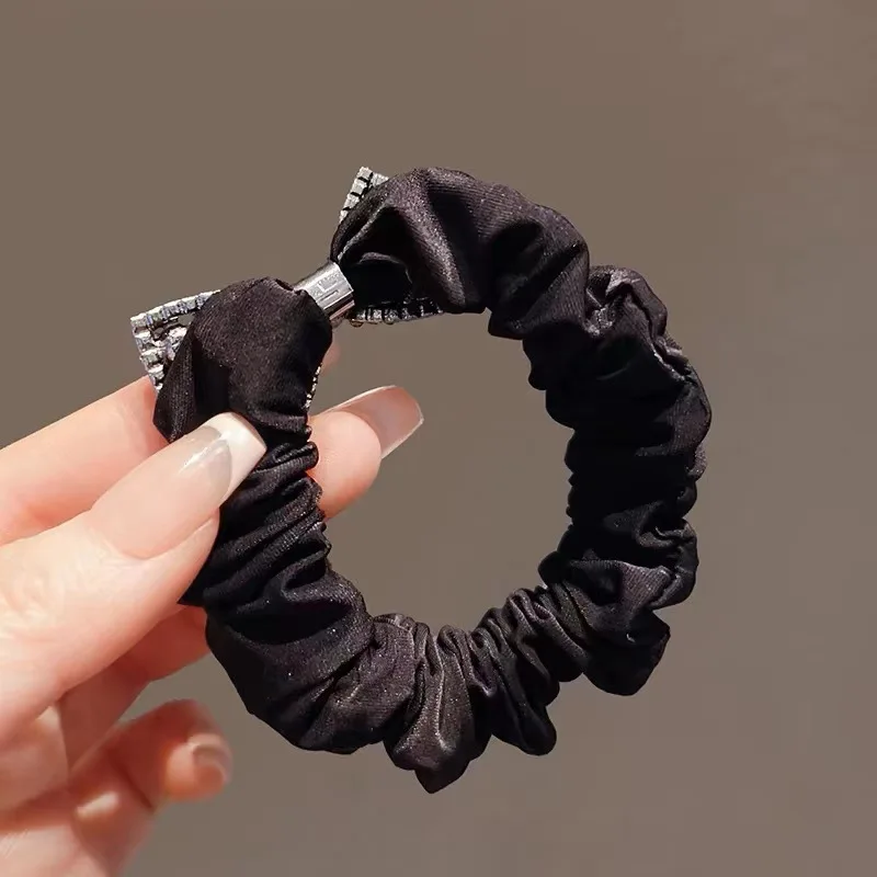 الراقية لامعة الأسود حجر الراين القوس رئيس حبل لينة ذيل حصان Scrunchies الشعر حبل عالية مرونة كعكة رباط شعر الإناث القبعات