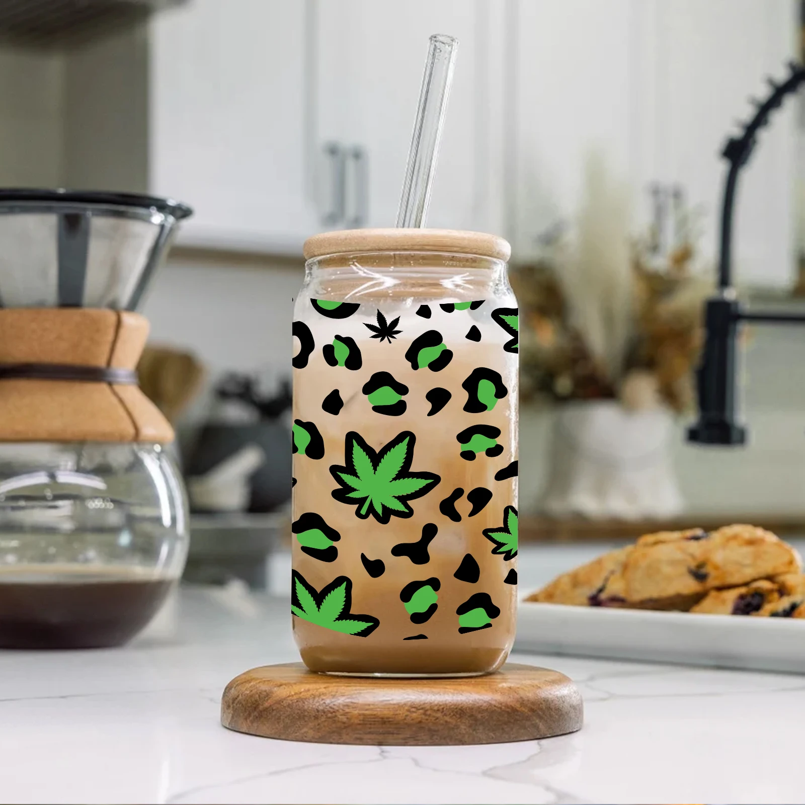 16oc Libbey Glass Tumbler Green Leopard Print 3d Printed 16oz Sublimation Glass Can With Lid&Straw Coffee Glass Mug