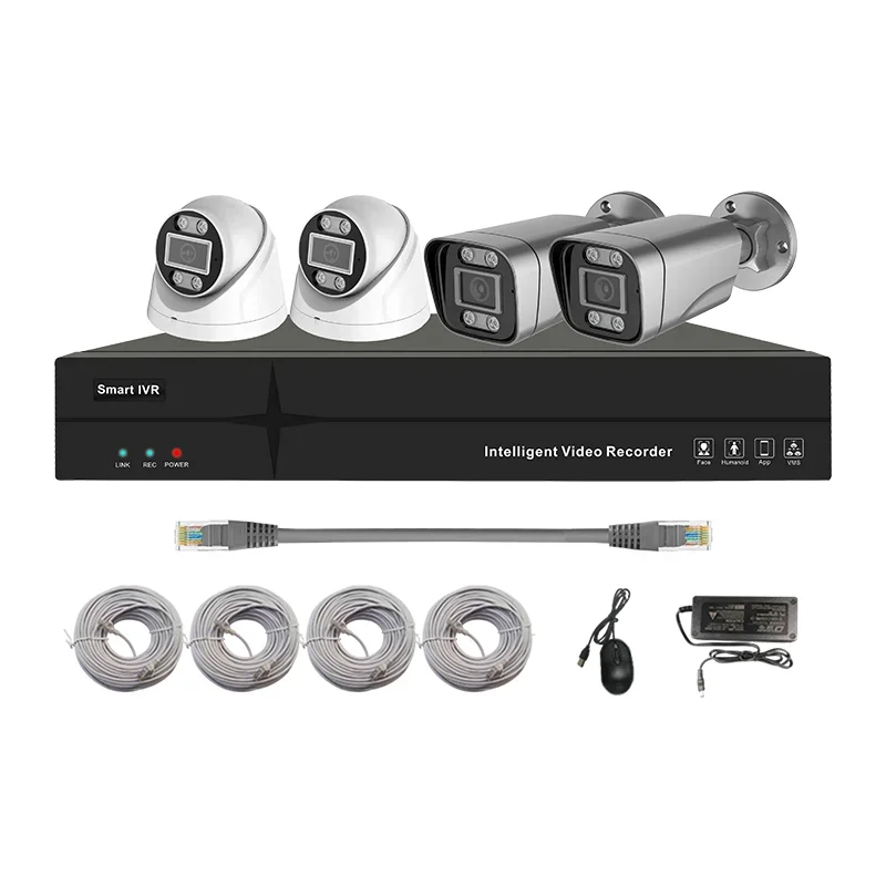 Kit CCTV Poe da 5 MP Telecamere bullet di rete da 4 pezzi, telecamera dome IP da 4 pezzi, videoregistratore intelligente H.265 con sistema di allarme sirena audio