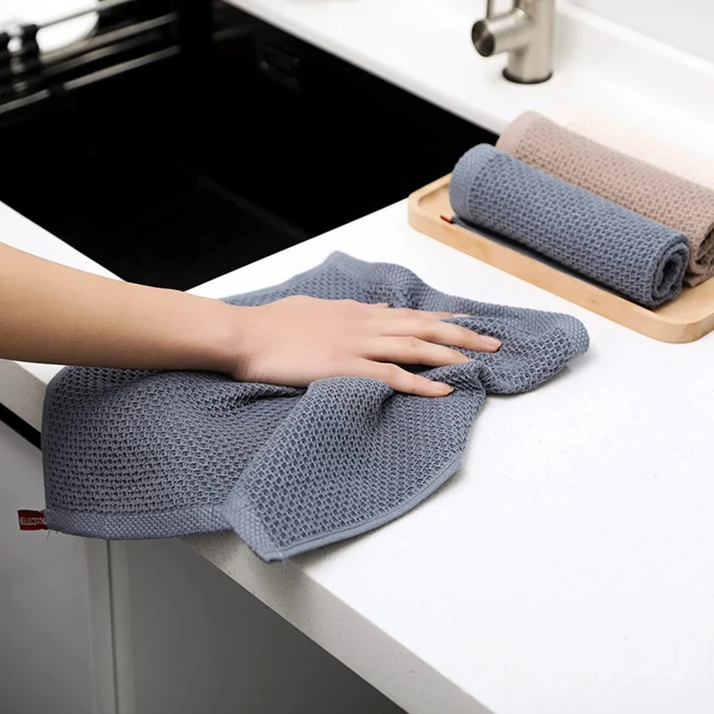 Easy Storage Tea Towels Set 34 X 34 Cm Cotton Tea Towels Versatile Use Waffle Pattern Design Convenient Hanger