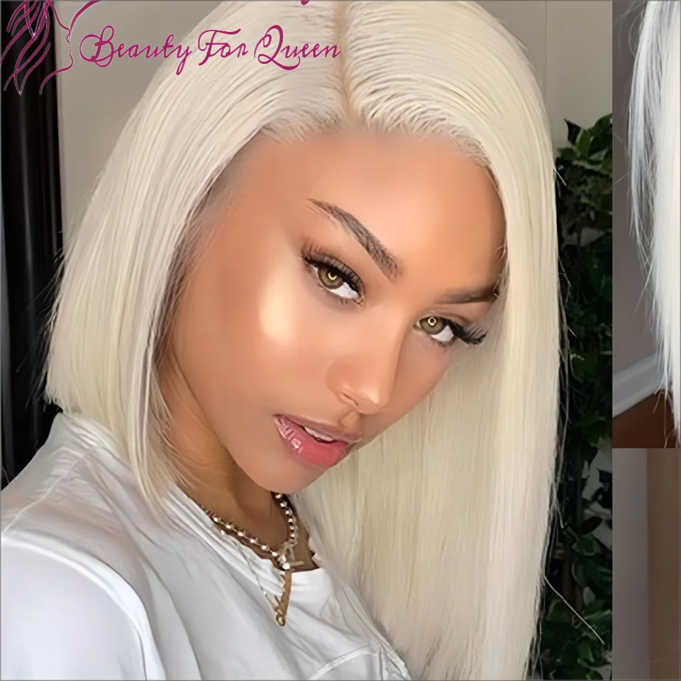 

Straight Short Bob Human Hair Wigs 60 Platinum Colored Lace Front Wig White Blonde 150% Density Brazilian Remy Lace Frontal Wig