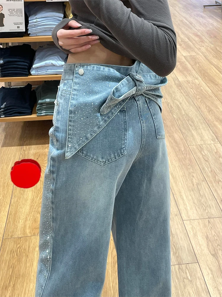 

American Style Hot Girl Removable Knot Denim Jeans Women Summer Vintage Design Sense Rhinestone Splicing Floor-Leng...