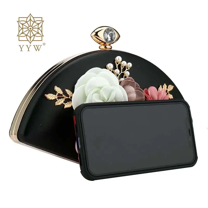 Elliptical Wedding Party Bags Women Floral Pearl Dinner Clutch Wallet Diamond Crystal Bride Evening Purse Chain Shoulder Handbag