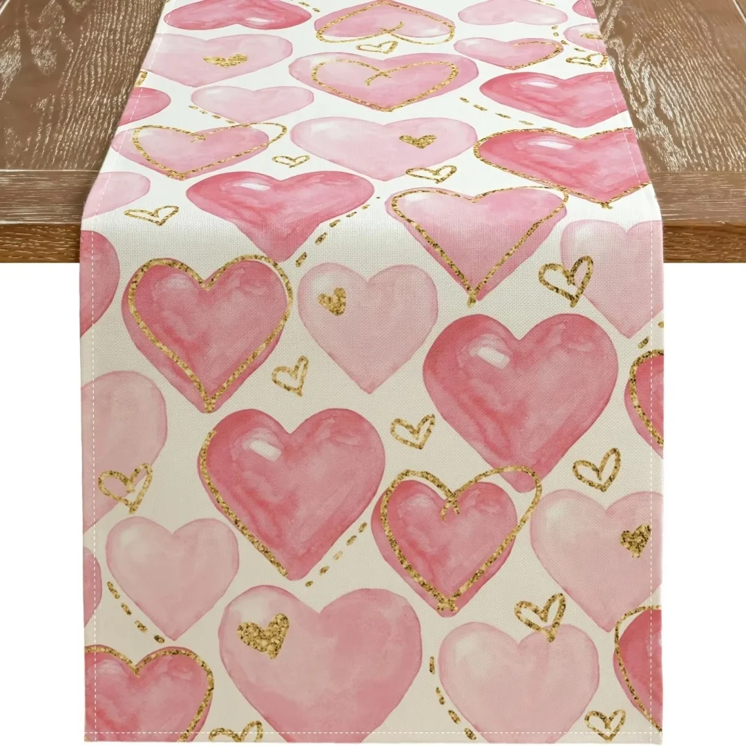 1pc Romantic Pink Heart Print Table Runner For Lover Date Banquet Festival Gathering Cafe Desktop Stylish Home Tabletop Decor