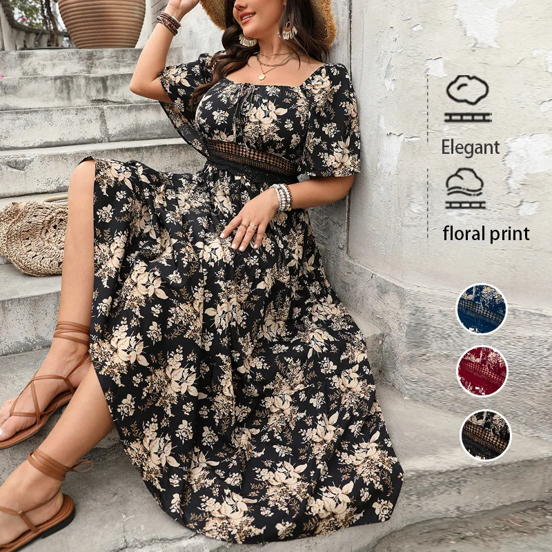 

Ретро квадратный Ne Print Dr, большие размеры, ort Sweet Sle, юбка трапециевидной формы из имитации шелковой ткани, длинное платье для женщин