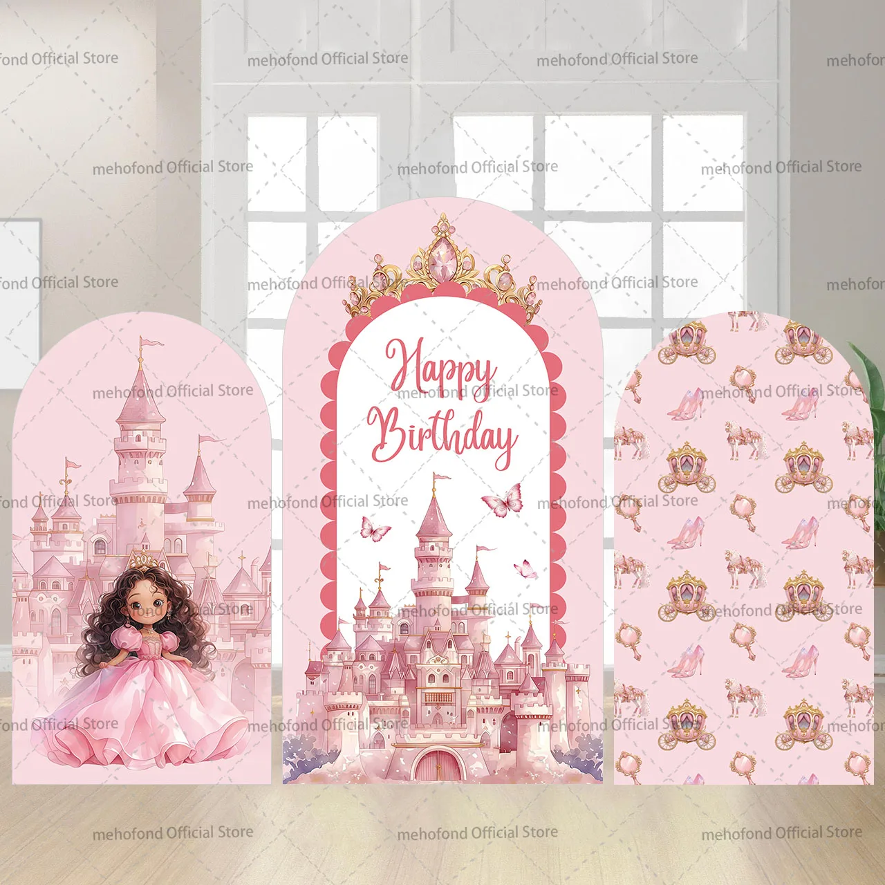 

Декоративный фон-арка Chiara для дня рождения девочки, детского праздника, с изображением розового замка и кареты принцессы, двусторонний, от Mehofond
