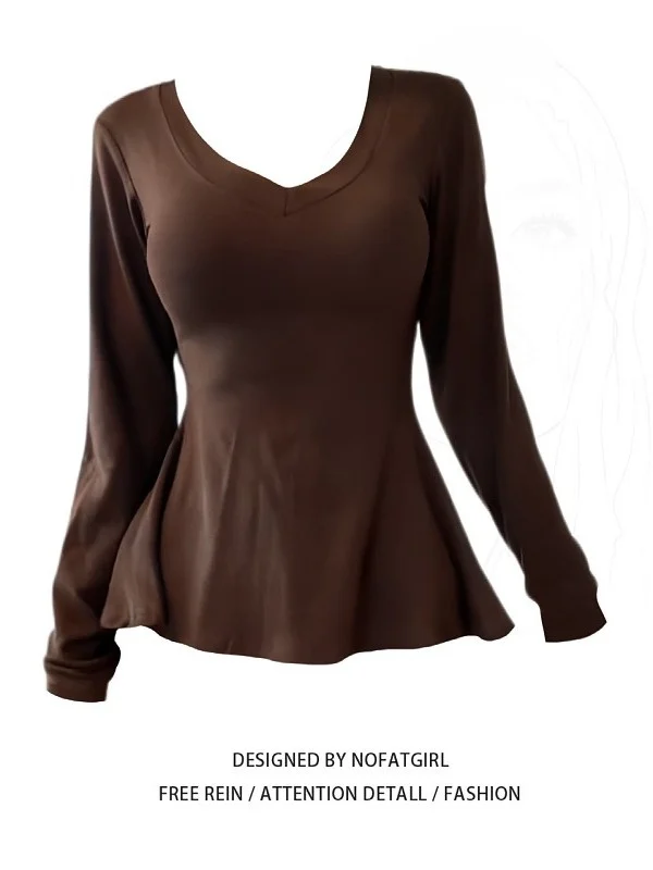 

Женская футболка больших размеров с длинным рукавом, V-образным вырезом, приталенная, с оборками по низу, для повседневной носки, осенняя коллекция