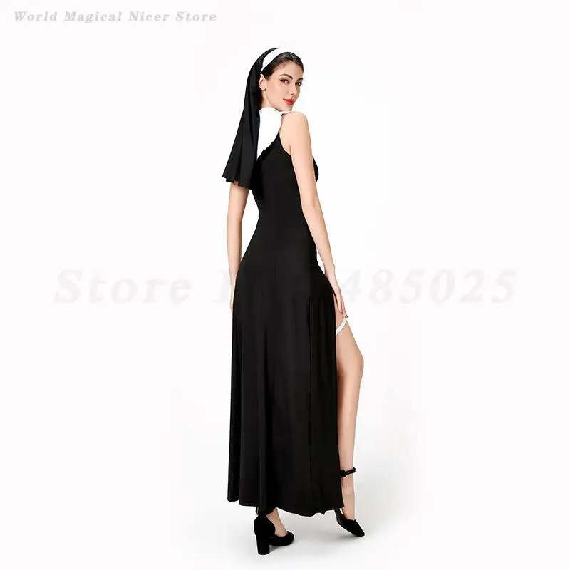 Women's Sexy Nun Cosplay Costume Halloween Fancy Dress Black Maid Role Playing Clothing Carnival Festival Adult Nun Dress Up view 6