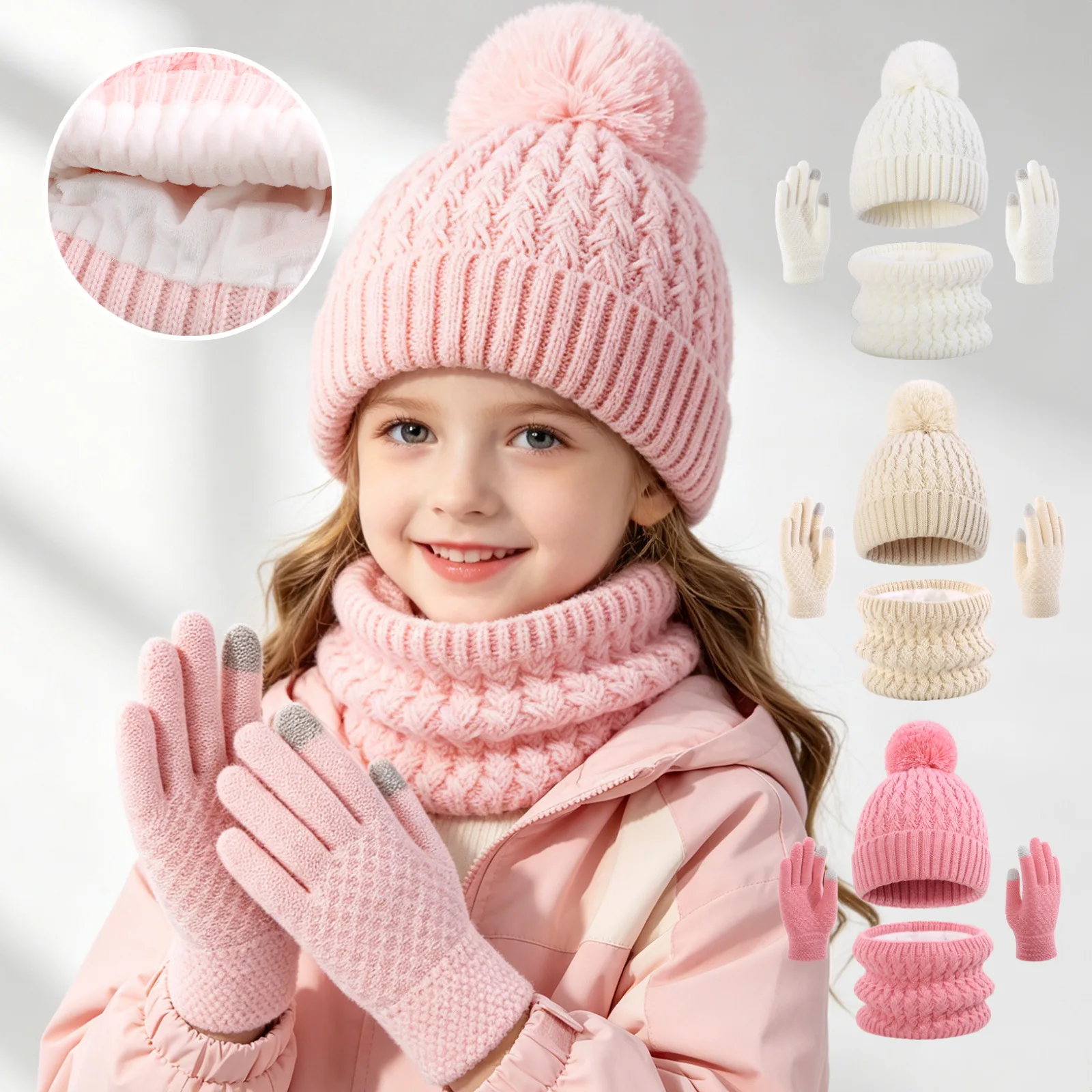 Kids Hat Scarf Gloves 3-Piece Set, Autumn Winter Fleece-Lined Thickened Baby Pom Pom Beanie