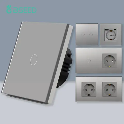 BSEED 1/2/3Gang 터치 스위치 1Way 벽 조명 스위치 USB Type-C 인터페이스가있는 EU 소켓 유리 패널 파란색 백라이트