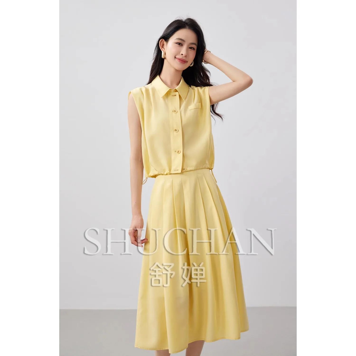 

Летняя хорошее качество, лиоцелловый лен, минималистичная повседневная рубашка без рукавов с лацканами + юбка, минималистичный костюм, женские комплекты из двух предметов