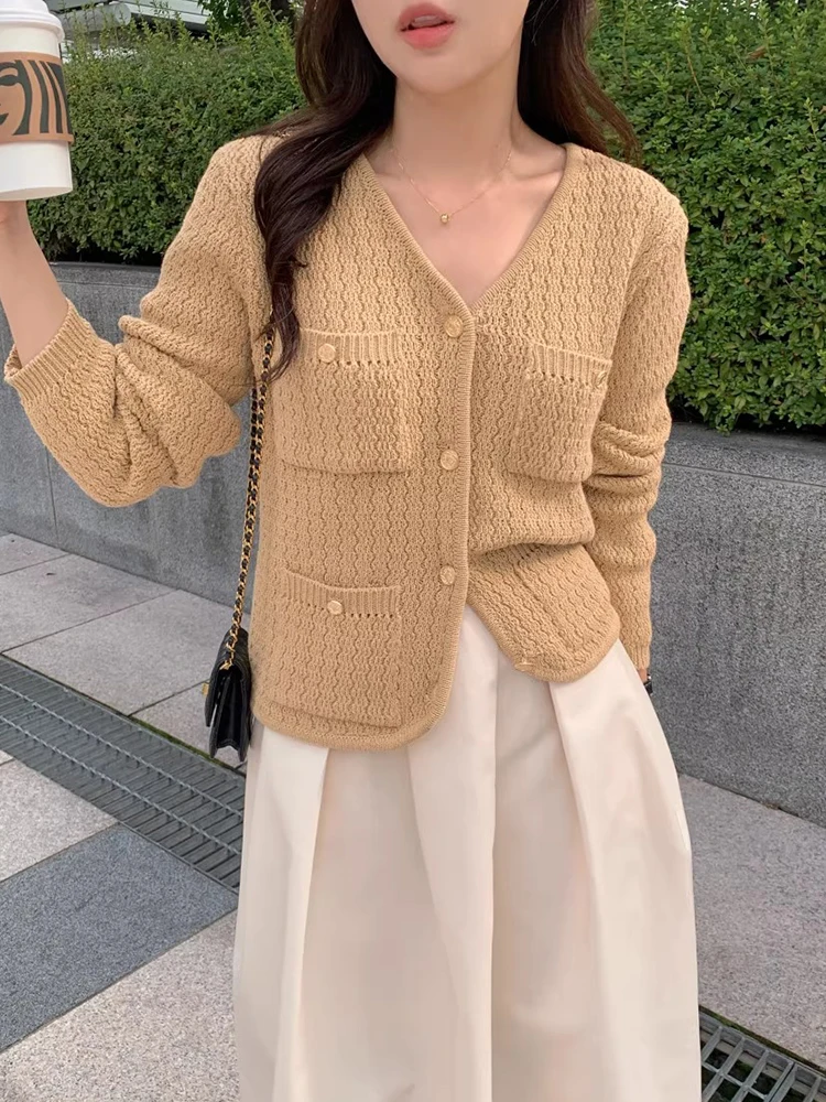 Шикарный осенний винтажный многоэтажный свободный волнистый длинный вязаный свитер V-Ne, женская верхняя одежда, корейский Sle Commute Faion