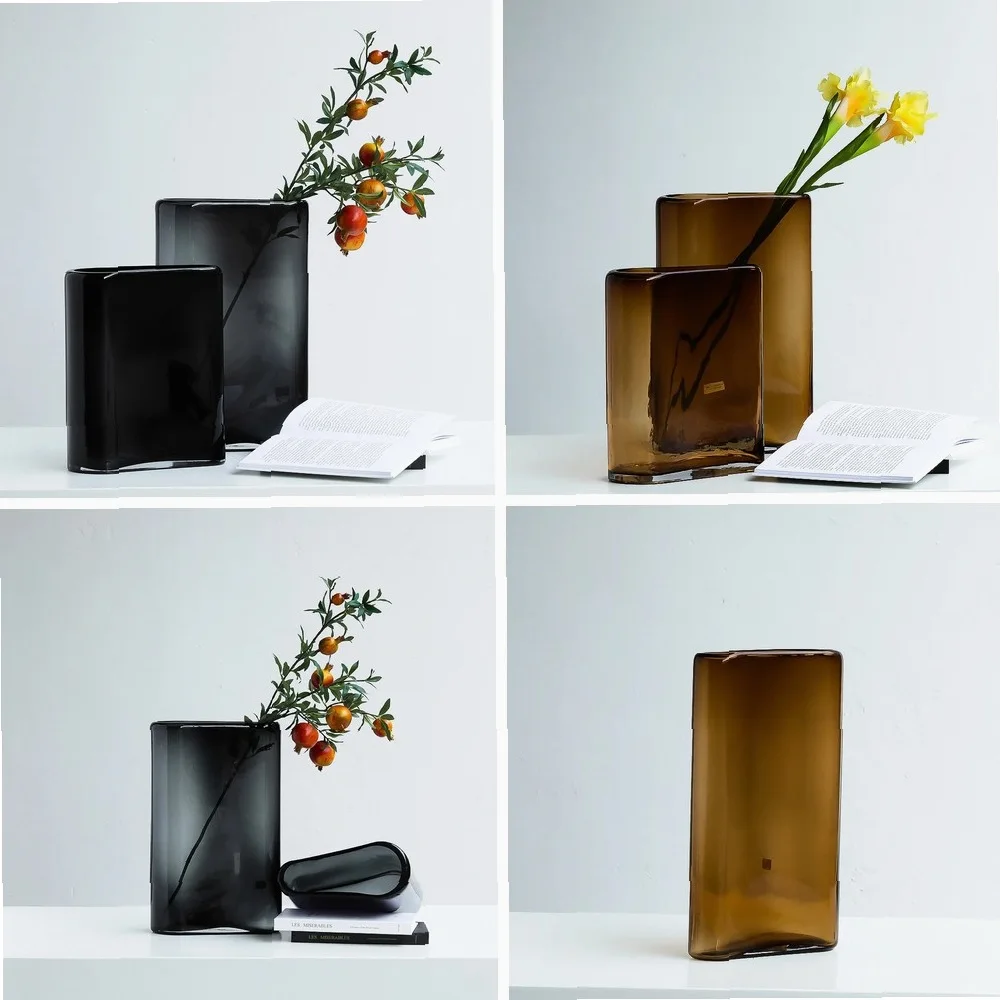 Advanced Italian Minimalist Irregular Large Flat Bucket Flower Growing Glass Vase Nordic Simple Design New Desktop Flower Device