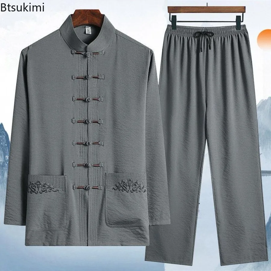 Tradizionale stile cinese uomo seta ghiaccio due pezzi primavera estate sottile colletto alla coreana top pantaloni Hanfu Tang Suit uomo ricamo set