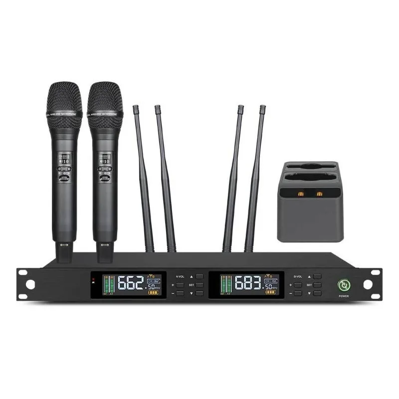 Professional Dual Channel Wireless Microphone System One Transmitter to Two Receivers True Diversity Rechar
